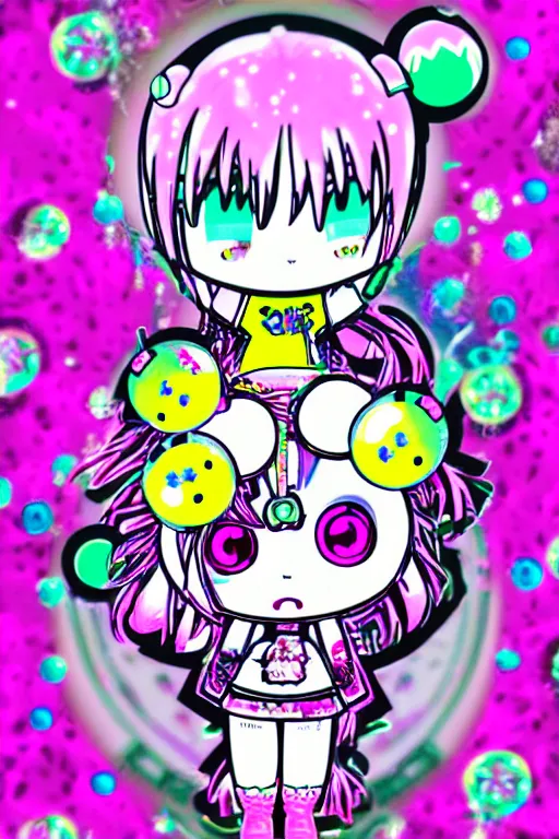 Image similar to cybergoth decora glitchcore yokai girl, sanrio tamagotchi moe ornaments, pastel cute cinematography