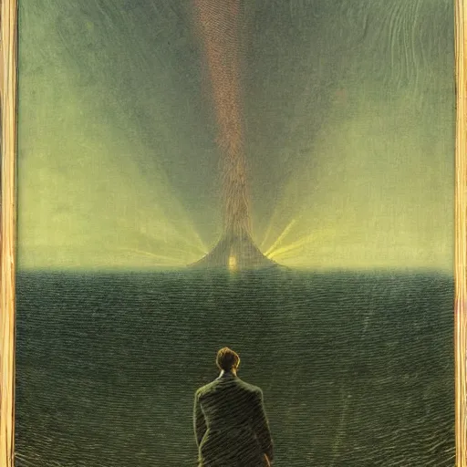 Prompt: small male with long curly hair figure in epic foggy deep sea, expansive view, dozens of thin glowing straight lines extend from ground into the sky, by Caspar David friedrich