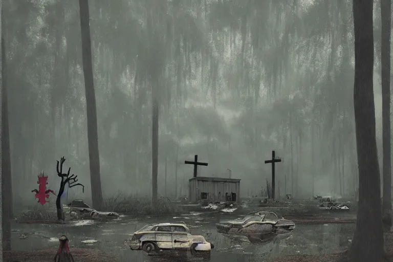 Image similar to scene from louisiana swamps, old protestant church with neon satanic pentagram, junkyard by the road, boy scout troop, voodoo artwork by tim eitel