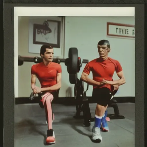 Image similar to a polaroid picture of Dr Emmet Brown and Commander Spock working out in a gym, 4k,