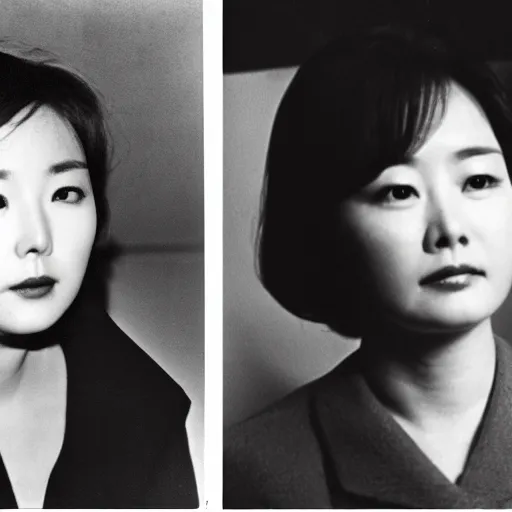 Image similar to 1960s press archive of the actress Choi Eun-Hee and director Shin Sang-ok, Reuters, 35mm film, film grain, mysterious exterior, flash and flare, underexposed