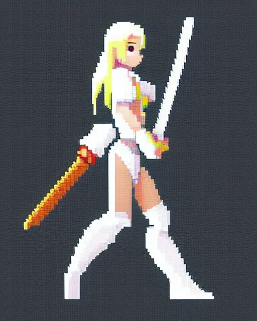 Prompt: a pixel single sprite of a girl holding a sword, in white futuristic armor, pixel art, isometric, 1 6 px x 1 6 px, 2 d game art, 1 6 bit, dynamic pose, # pixelart
