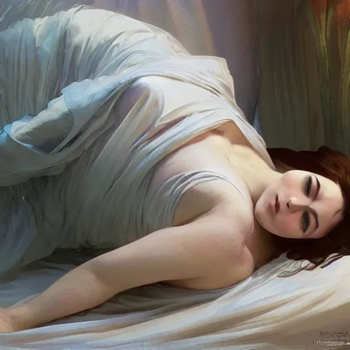 Image similar to a beautiful woman, ornately dressed, in a full body gown, lying upside down on a bed of pillows, portrait, digital painting, by artgerm, greg rutkowski, alphonse mucha, 3 d,