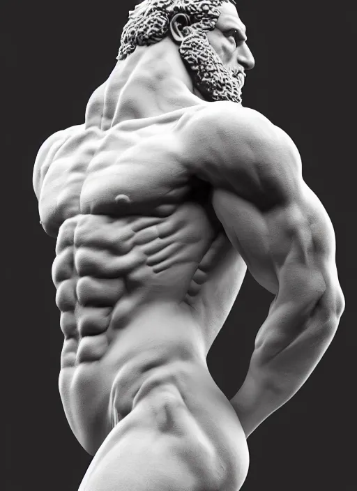 Image similar to a bloody statue made of white marble of hercules, perfect symmetrical body, perfect symmetrical face, hyper realistic, hyper detailed, by johannen voss, by michelangelo, octane render, blender, 8 k, stylized gold and black