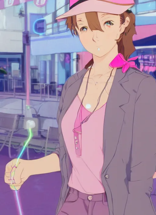 Prompt: a young woman, with a wavy short pink hair and pink fedora hat, wearing a light pink jacket with a dark blue tie, purple gloves and blue jeans shorts and white shoes. She is holding blue neon strings tied on her hand, rich vivid colors, ambient lighting, dynamic lighting, 4k, official media, anime key visual, makoto shinkai, ilya kuvshinov, lois van baarle, rossdraws, detailed, trending on artstation