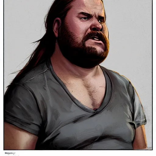 Image similar to portrait of a half fatman half pig with long hair tied in a ponytail, light stubble with red shirt ,digital art,photorealistoc,art by greg rutkowski,hyperdetailed,western comic style,comic,comic style,sharp lineart,professional lighting,deviantart,artstation,trevor henderson,rossdtaws,cinematic,dramatic