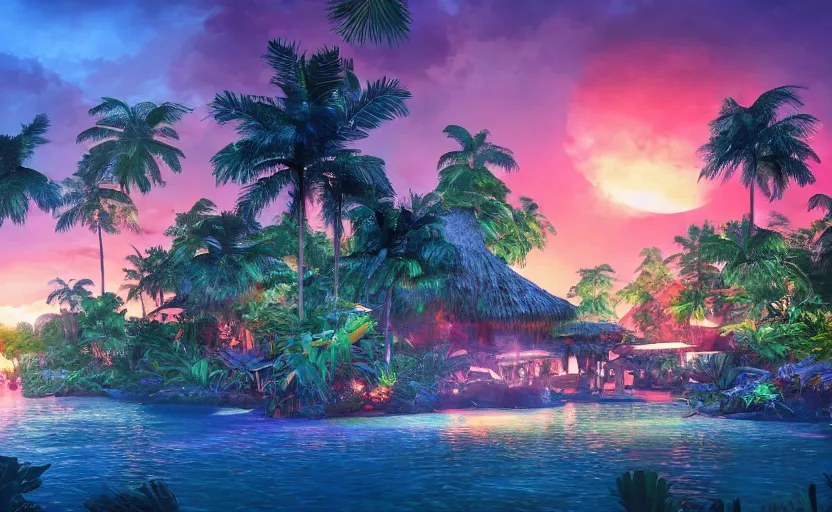 Image similar to a tropical resort in a jungle paradise, with a beautiful red and blue sunset, dynamic lighting, photorealistic fantasy concept art, trending on art station, stunning visuals, creative, cinematic, ultra detailed, ray tracing, sun rays, native tribes, wonderous waters, amazing detail