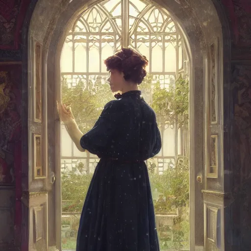Prompt: a very detailed portrait painting of Vesper Lynd, a very detailed french room, a very detailed dramatic sky, light particles, environment drawn by Donato Giancola and Tom Bagshaw, Edmund Leighton, character design by Alphonse Mucha, 4k, volumetric lighting, komorebi, award winning, octane render, hyperrealistic