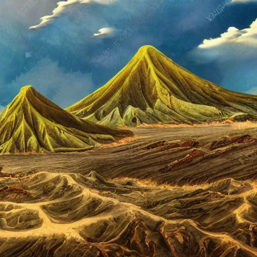 Prompt: paleozoic landscape, jurassic mountains,