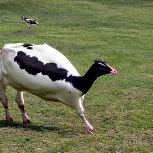 Prompt: a hybrid cow goose quacking at people