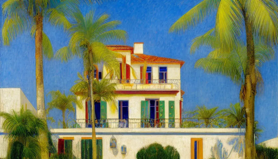 Image similar to a house designed by jules bastien - lepage, tarsila do amaral, frank weston and gustave baumann, beach, trending on artstation, mediterranean, palm trees, sharp focus, colorful refracted sparkles and lines, soft light, 8 k 4 k