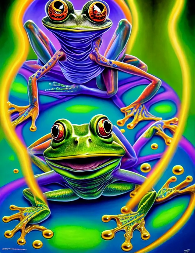 Prompt: an anthropomorphic bipedal frog that is wearing vibrant robes, a matte oil painting by alex grey, in the style of a d & d character, bubbles, extreme pose, magic, concept art, award - winning, extremely detailed, sharp focus, 4 k