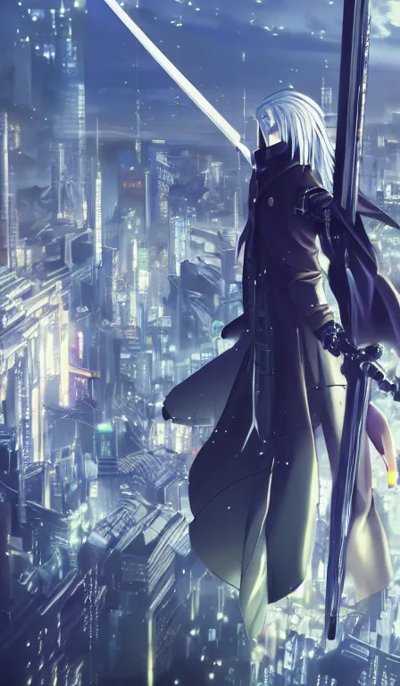 Prompt: anime fine details portrait of Sephiroth in front of cyberpunk moder city landscape on the background deep bokeh, close-up view, anime masterpiece by Studio Ghibli. 8k, sharp high quality anime, artstation