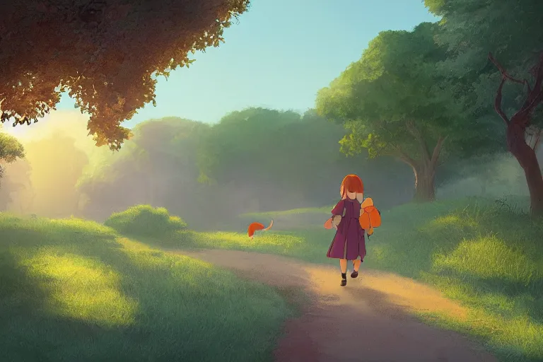 Image similar to a young girl walking to school with her pet fox, matte painting in the style of studio ghibli, early morning light, sunrise, cinematic lighting