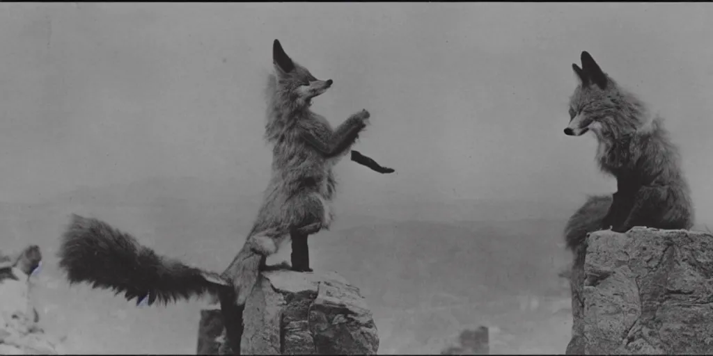 Image similar to anthropomorphic furry fox fighting villain on top of the highest point of a castle, 1 9 1 0 s film scene