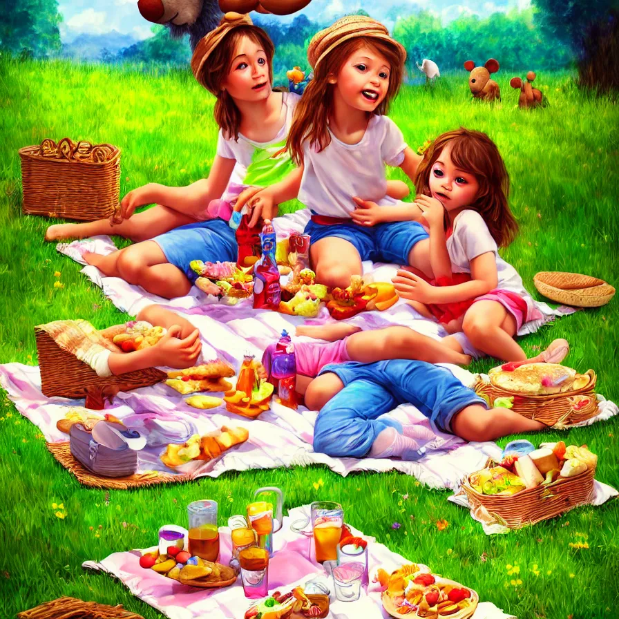 Prompt: epic professional digital portrait of 🧸🧺 picnic, for kids happy, cheerful, fun, kid safe, detailed, hdr, 4 k, best on wlop, pixiv, stunning, gorgeous, much wow, cinematic, masterpiece