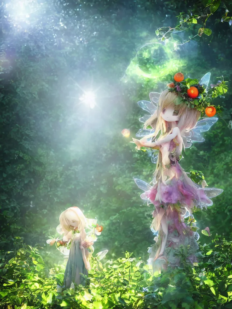 Image similar to cute fumo plush girl among vines in the middle of a lush rose garden, glowing ethereal gothic magical wraith fairy girl, tattered green dress, smoke and orange volumetric fog, blue sky sunshine and cloudless lens flare, bokeh, vray