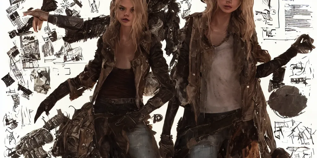 Image similar to samara weaving as a wanderer with tattooed neck, wearing a scratched leather and ripped leather jeans, wearing an aviator outfit with a colorful stamp on its back, character sheet, fine details, props, concept design, contrast, kim jung gi, greg rutkowski, trending on artstation, 8 k, full body, turnaround, front, back, ultra wide angle