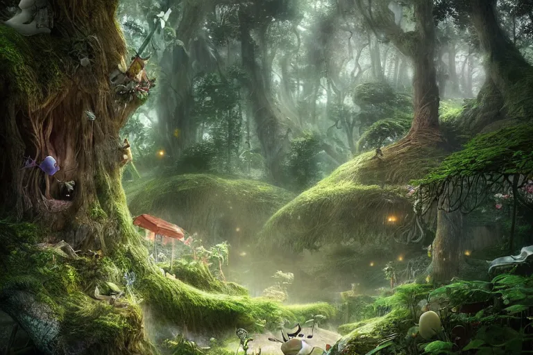 Prompt: fairy kingdom forest, ghibli studio, cellshaded, nausicaa anime style hyper realistic, ambient lighting, concept art, intricate, hyper detailed, smooth, dynamic volumetric lighting, octane, raytrace, cinematic, high quality, high resolution, 4 k, cgsociety, rutkowski, gurney