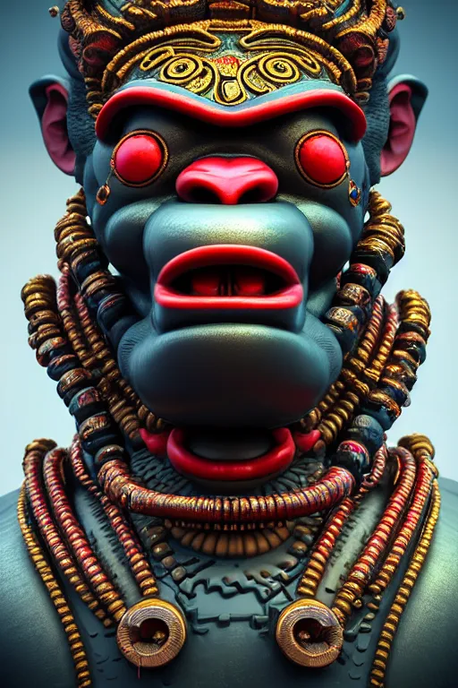 Prompt: high quality 3 d render post - rococo cyberpunk hanuman! head building, neon madhubani, open mouth, highly detailed, in sci - fi shri ram centre, cinematic smooth unreal engine, lee madgwick & liam wong, dramatic light, low angle, uhd 8 k, sharp focus