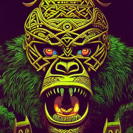 Image similar to barong family member, viking warrior, viking beard, king kong, wiwek, mara demon, one single tribe member, jungle, one single mask, dark, ancient warrior, tribal, inner glow, art by dan mumford and justin gerard