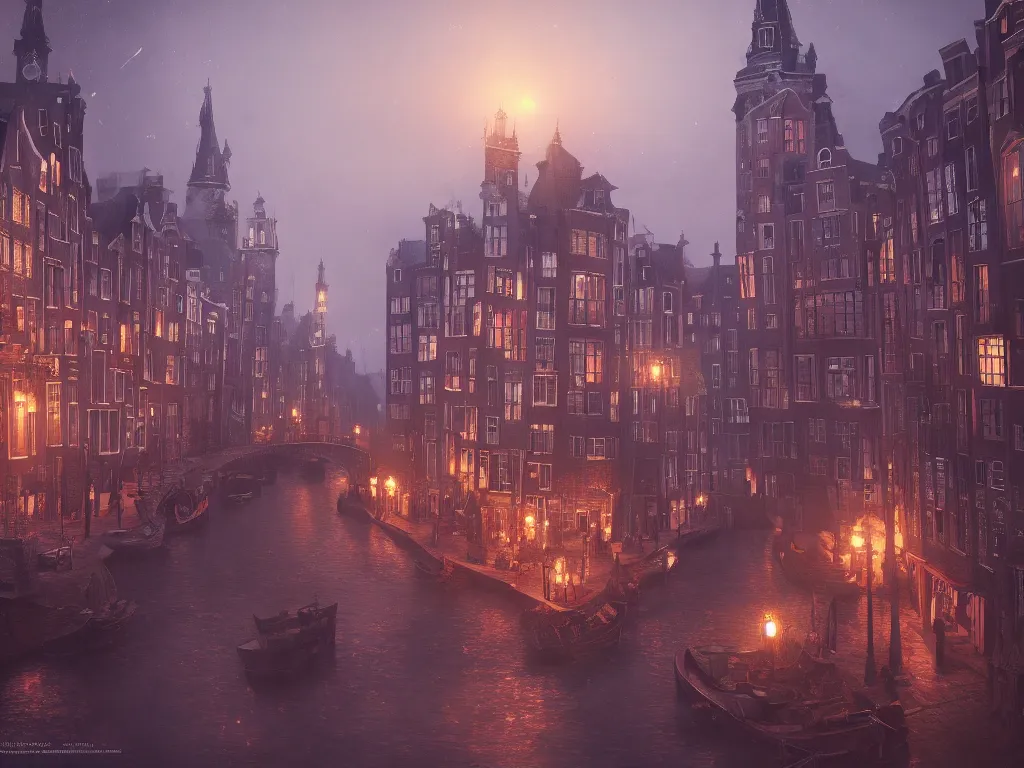 Image similar to a magical town with a few very crooked and deformed tall buildings, inspired by amsterdam and victorian england, night time, magical realism, dreamlike, digital painting, highly detailed, concept art, game art, matte painting, trending on artstation, octane render, 8 k, unreal engine