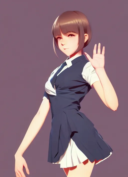 Image similar to full body beautiful and cute and aesthetic school girl greeting, very slightly smiling, wave a hand at the camera, perfect face, symmetric eyes, sharp focus, specular reflection, occlusion shadow, artstation, by ilya kuvshinov and jeremy lipking, light novel cover art, 3 d epic illustrations, symmetric body, model pose