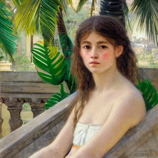 Image similar to a ultradetailed beautiful painting of a girl in the amazonas palace balustrade designed by jules bastien - lepage, hans belmer, frank weston and gustave baumann, beach, trending on artstation, mediterranean, palm trees, detailed face, sharp focus, soft light, 8 k 4 k