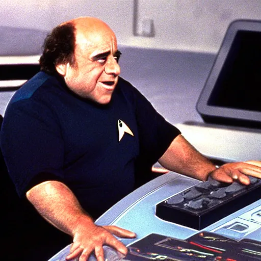 Prompt: captain danny devito sitting in the captains chair of the USS enterprise, star trek the next generation, cinematic