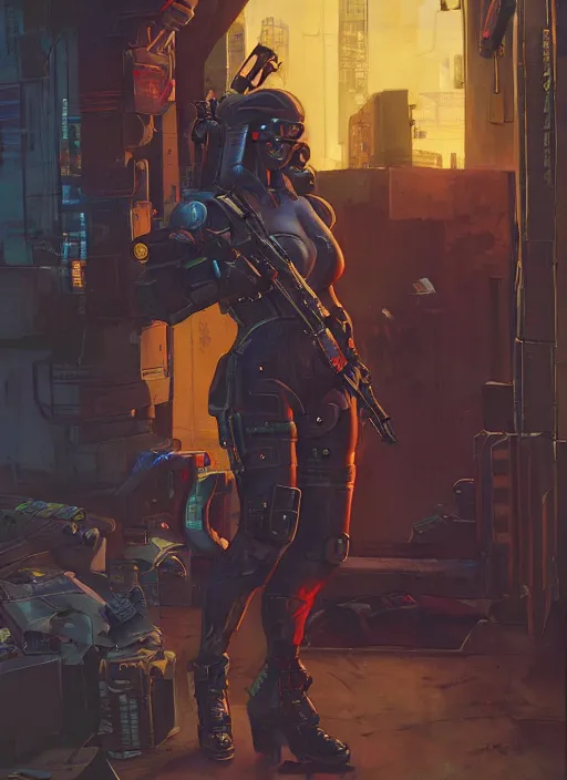 Image similar to cyberpunk mercenary. portrait by john philip falter and will eisner and gil elvgren and pixar. realistic proportions. overwatch, cyberpunk 2 0 7 7, blade runner 2 0 4 9 concept art. cel shading. thick lines.