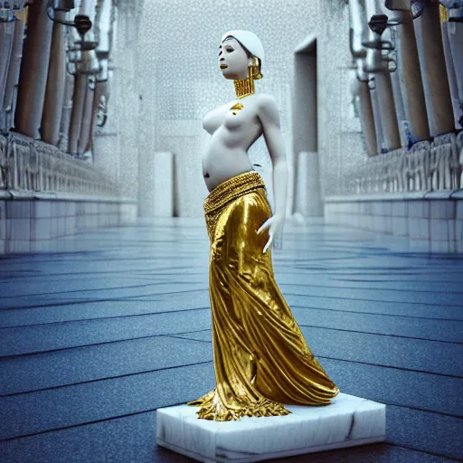 Image similar to a statue made of white marble with gold veins, of an beautiful japanese bellydancer, perfect symmetrical body, perfect symmetrical face, no eyes, hyper realistic, hyper detailed, fujicolor superia, city bokeh background, full body shot, by peter kemp, by monia merlo octane render, blender, 8 k