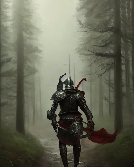 Image similar to Hyper realistic painting of a knight in rusty full plate armor wielding a greatsword, hyper detailed, surrounded by a dark forest, fog, moody, cinematic lighting, dim blue lighting, by greg rutkowski, trending on artstation