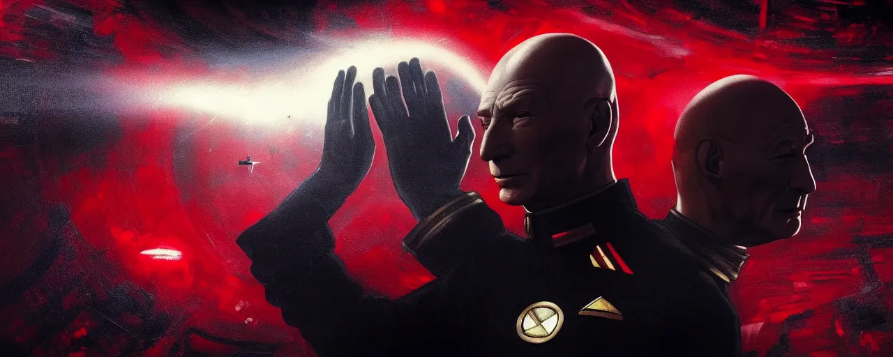 Image similar to duotone black and red concept 3 / 4 portrait of ( ( ( picard facepalm meme ) ) ) captain jean - luc picard doing facepalm inside uss enterprise. accidental renaissance. concept by stanley kubrick. sergey kolesov and ruan jia and heng z. graffiti art, scifi, fantasy, hyper detailed. octane render. trending on artstation