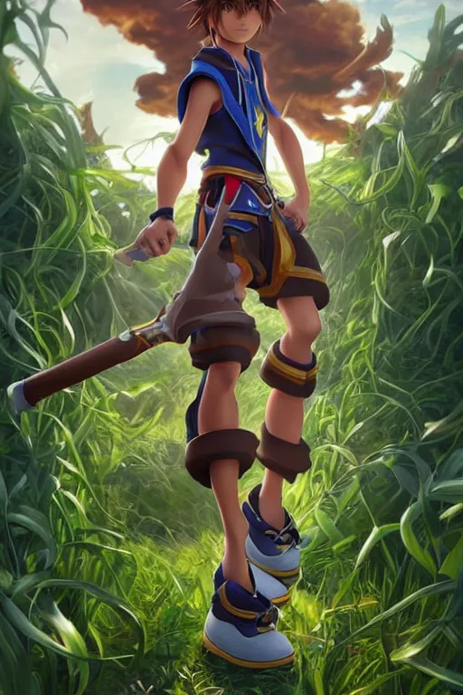 Image similar to sora from kingdom hearts, wavy hairstyle, battle stance, highly detailed, in a magical lush field of overgrown plants, digital painting, artstation, concept art, smooth, sharp focus, illustration, cinematic lighting, art by artgerm and greg rutkowski and alphonse mucha