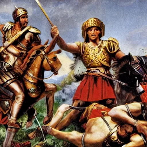 Prompt: Alexander the Great at the Battle of Gaugamela, among the Macedonian lines, Alexander reviews the ice cream trucks