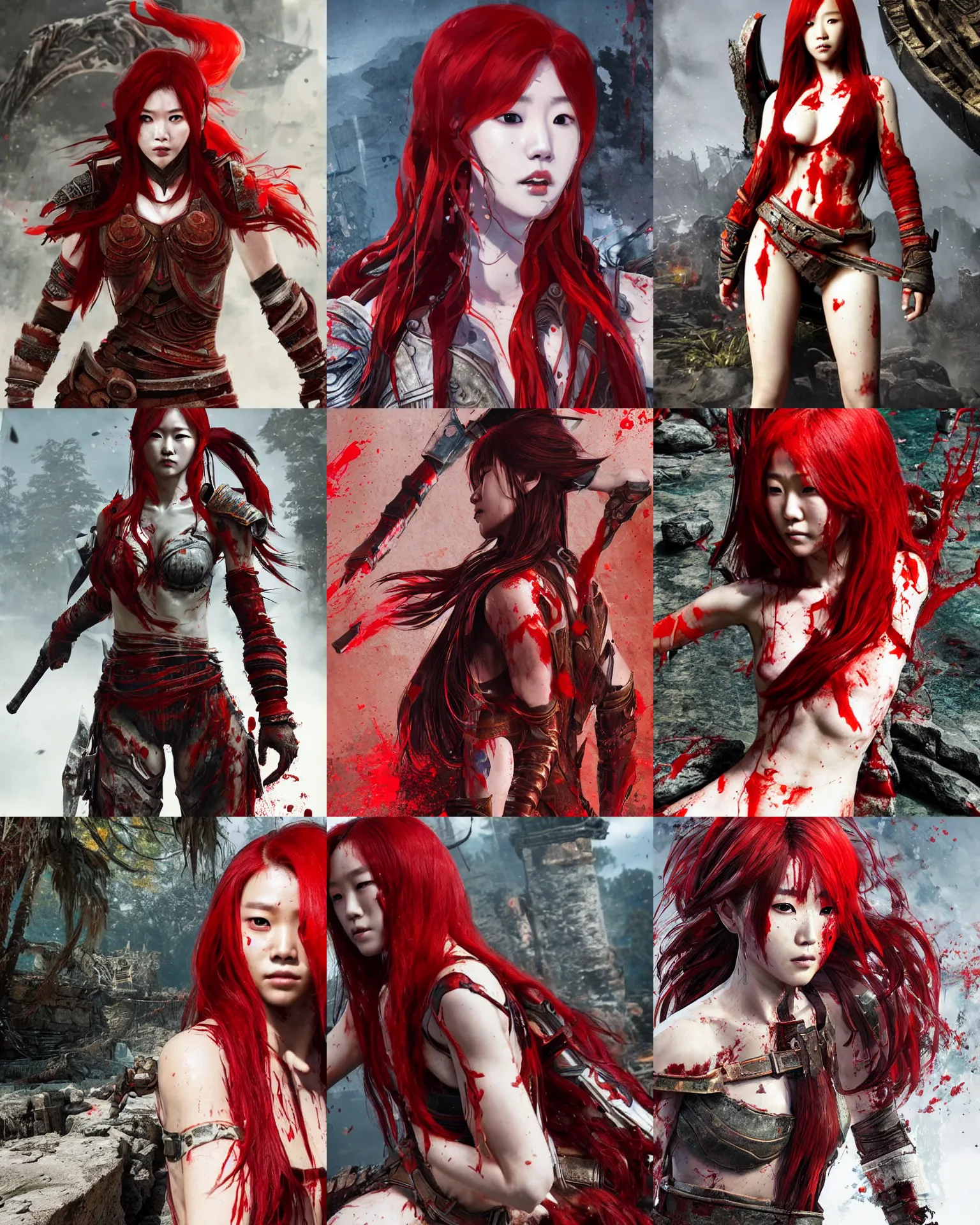 Prompt: lee jin - eun with red long hair in high - end damaged battle suit emerging from pool of blood in god of war 4 game set in ancient italy by conrad roset, rule of thirds, seductive look, beautiful