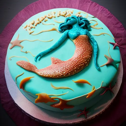 Image similar to mermaid themed birthday cake, food photography, made of meat,