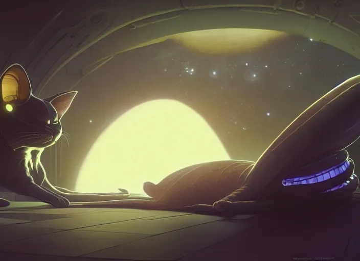 Prompt: alien cat sleeping in a spaceport in a gothcore ghibli animated film, volumetric lighting, octane render by stanley artgerm lau, greg rutkowski, alphonse mucha, loish, norman rockwel, highly detailed