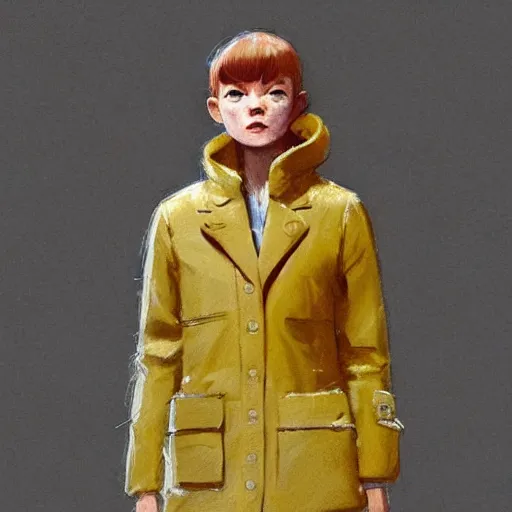 Prompt: a highly detailed epic cinematic concept art CG render digital painting artwork costume design: pixie cut Sadie Sink in a 1950s man's coat and hoodie. muted colors with some yellow accents. By Greg Rutkowski, Ilya Kuvshinov, WLOP, Stanley Artgerm Lau, Ruan Jia and Fenghua Zhong, trending on ArtStation, made in Maya, Blender and Photoshop, octane render, excellent composition, cinematic atmosphere, dynamic dramatic cinematic lighting, aesthetic, very inspirational, arthouse