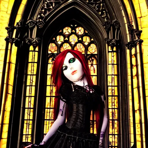 Prompt: 1 8 mm gothic girl dressed in black, behind her a gothic cathedral, dramatic lights, dark ambients, the windows of the cathedral are reflecting red flame lights, golden hour, detailed face, intricate ornaments