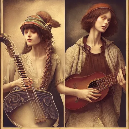 Prompt: ultra realist soft painting of folk musicians playing instruments, symmetry accurate features, very intricate details, focus, artstyle Hiraku Tanaka and Tom Bagshaw, award winning