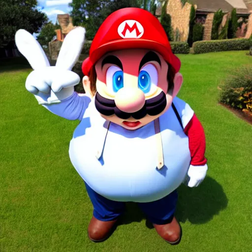 Prompt: real life big chungus dressed like mario, super mario, big chungus, fat bugs bunny, bunny ears, high resolution photo