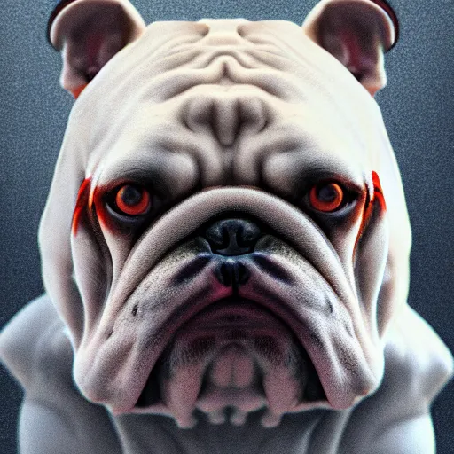 Image similar to centered detailed portrait of a bulldog in boxing gloves, realistic concept, gazing eyes, video game art, fantasy, illustration, slender symmetrical face and body, artstation, cinematic lighting, hyperdetailed, cgsociety, 8 k, octane render, golden ratio, postprocessing,