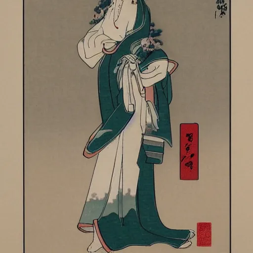 Image similar to ukiyo - e final fantasy dream white mage watercolor woman soft tones magical flowing dress green eyes