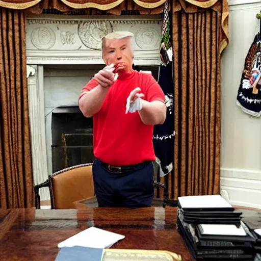 Image similar to a shocking, candid photo reveals a donald trump, smoking crack in the white house oval office.