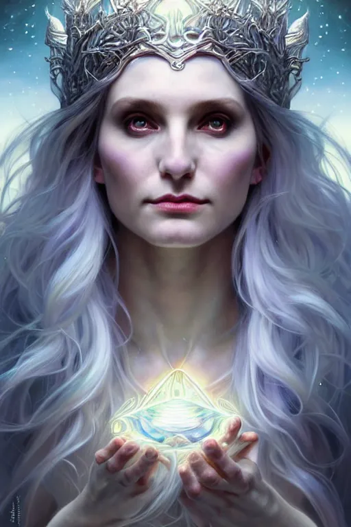 Image similar to realistic wide angle portrait of a beautiful white witch, standing, crafting spells, bright witch, beautiful face, fantasy, chaos, magic, dark magic, dramatic lighting, intricate, wild, highly detailed, digital painting, artstation, concept art, smooth, sharp focus, illustration, art by artgerm and greg rutkowski and alphonse mucha, footage from space camera