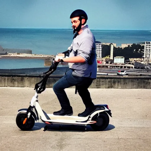 Prompt: A seagull on too of the the head of a man, the man is riding an electric scooter, he has a seagull on his head