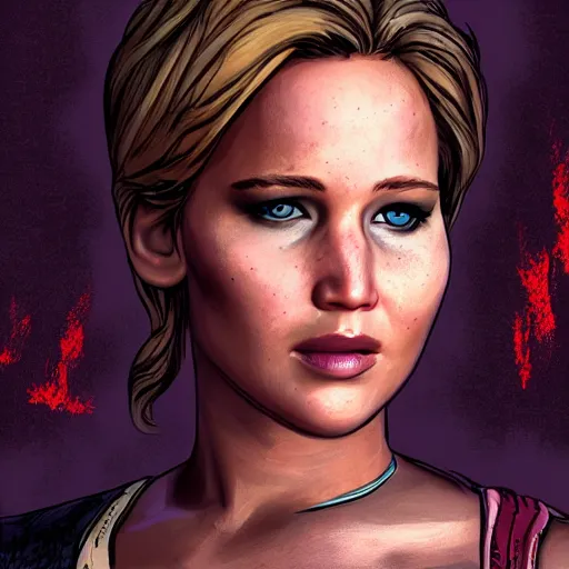 Image similar to jennifer lawrence portrait, borderlands, tales from the borderlands, the wolf among us, comic, cinematic lighting, studio quality, 8 k