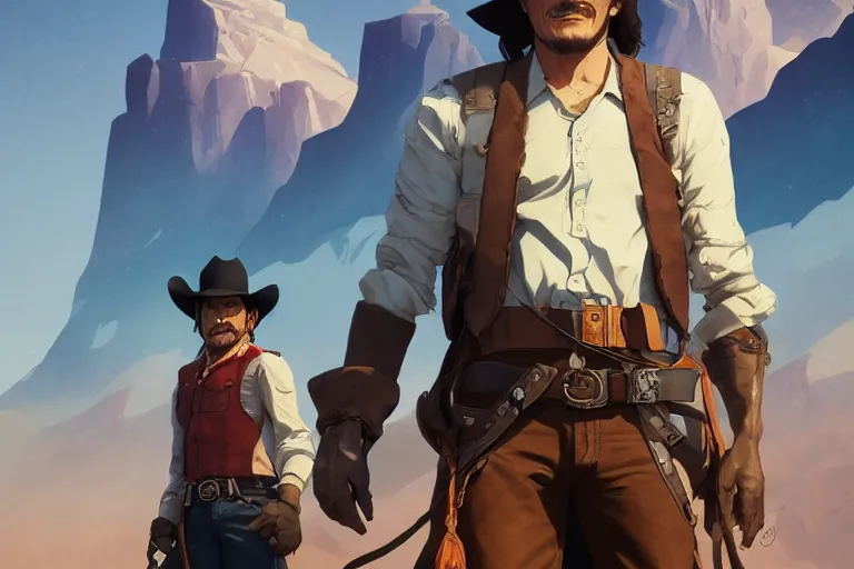 Prompt: old pedro pascal as a cowboy, single subject, mountaineous background, scenic full shot, ambient lighting, detailed face, by makoto shinkai, stanley artgerm lau, wlop, rossdraws