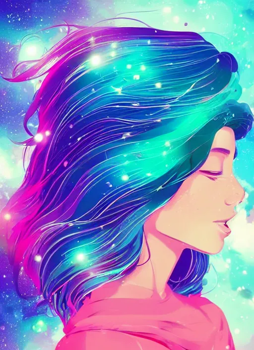 Image similar to a beautiful woman with rainbow hair floating in space. her hair becomes a nebula. clean cel shaded vector art. shutterstock. behance hd by lois van baarle, artgerm, helen huang, by makoto shinkai and ilya kuvshinov, rossdraws, illustration, art by ilya kuvshinov